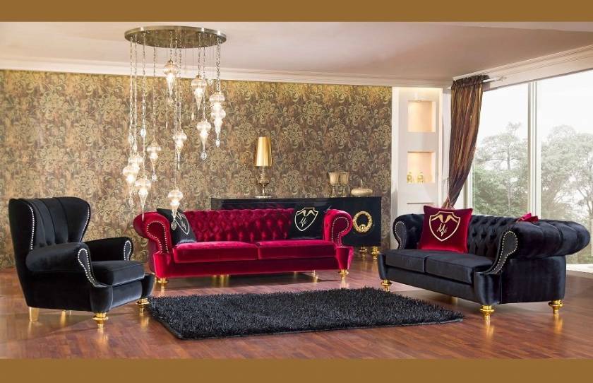 Chicago Red and Black velvet chesterfield sofa set Luxury New Style