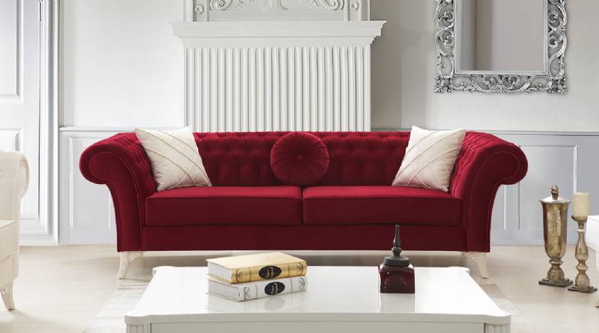 Red velvet chesterfield sofa loveseat with rounded pillow