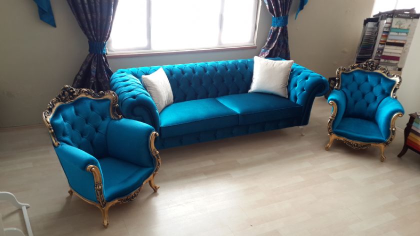 Royal Living Room Blue Velvet Sofa set gold leaf carved