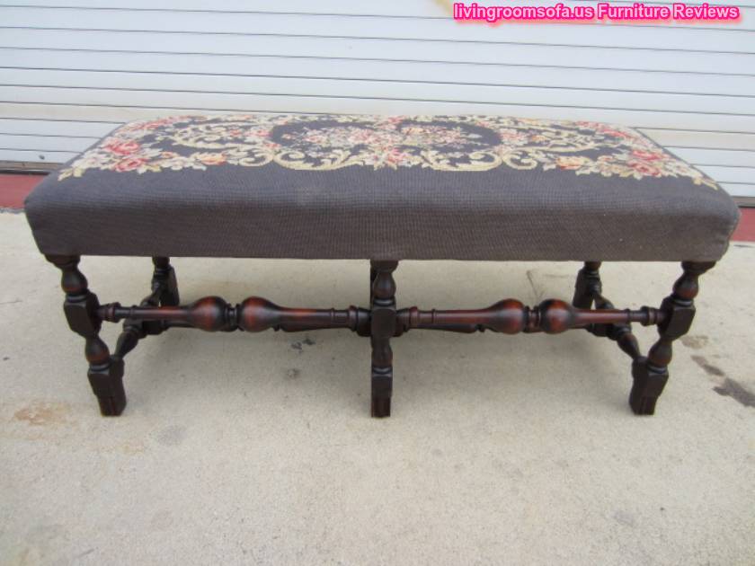 Antique Bench Carved Wooden Fabric Patterned