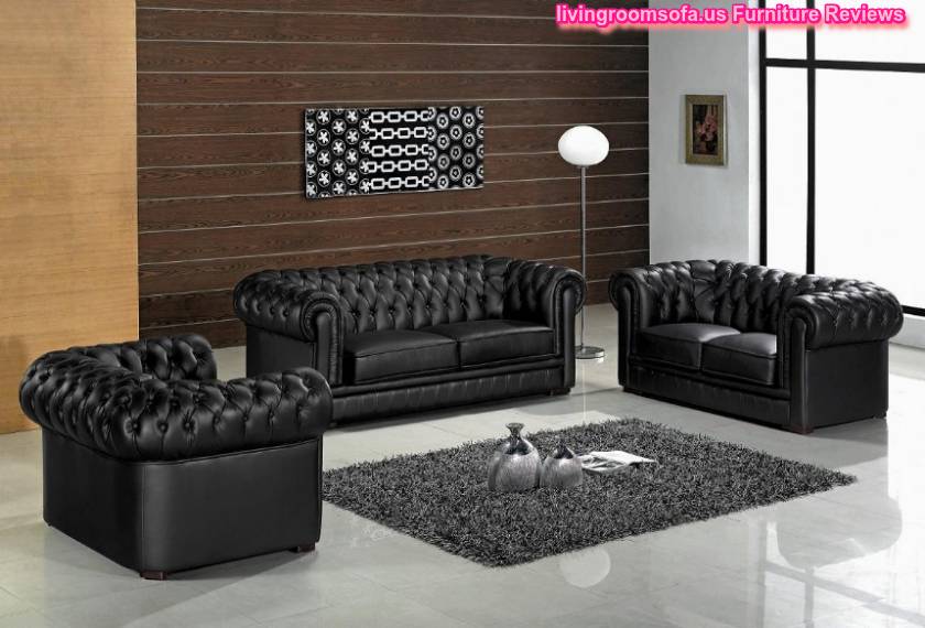 Black Chesterfield Leather Sofa Set Living Room Design