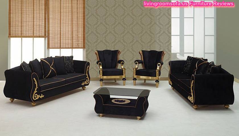  Black Luxury Sofa Sets Leaf Wooden Black Velvet Fabric