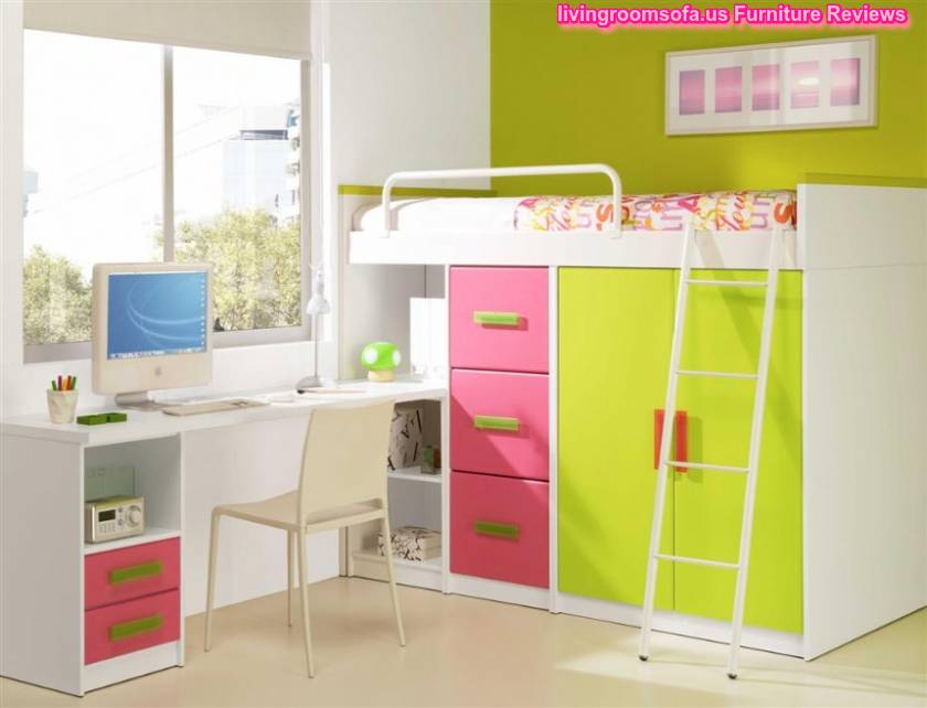 Cool Bunk Beds With Storage And Modern Pink,yellow,white And Green Cool Bunk Beds With Storage