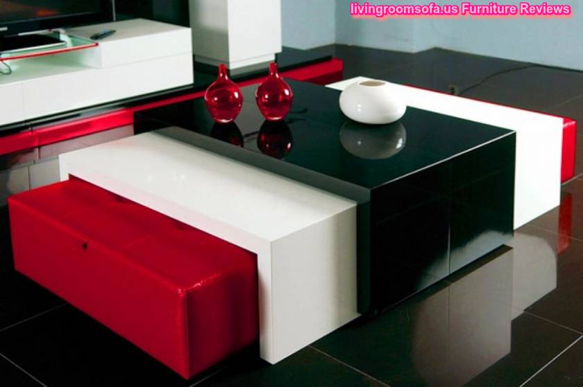  Wood Coffee Table Balck And White And Red Couple Ottomans