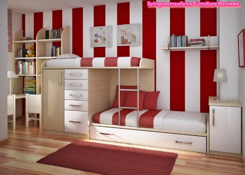 Alluring Tripped Red White Kids Bedroom Wall Design Mixed Vogue Bunk Beds With Storage