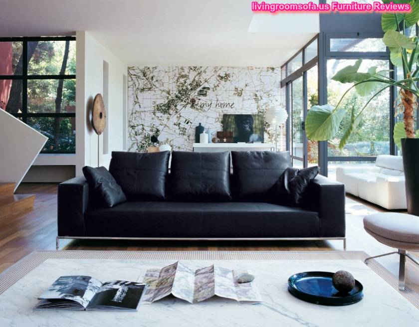  Deluxe Design Black Leather Sofa White Living Room