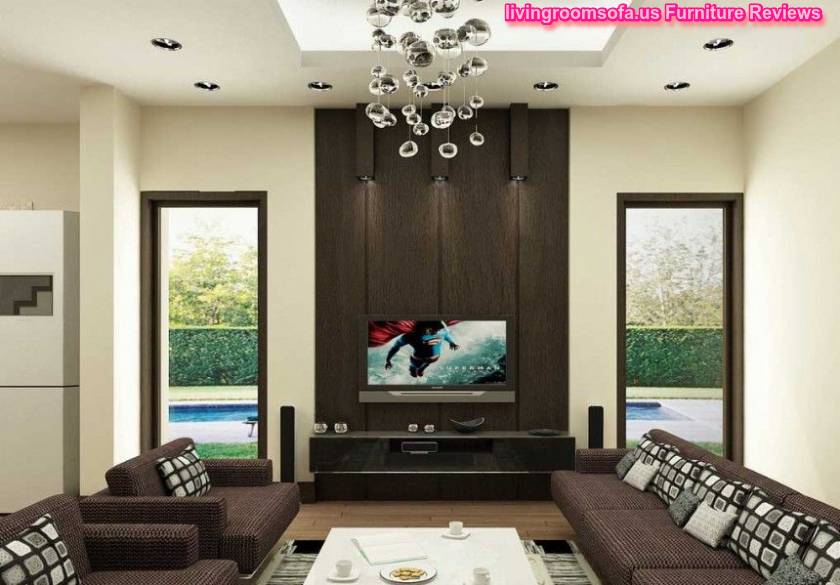 Impressive Brown Living Room With Stylish Ceiling Lamps Concept