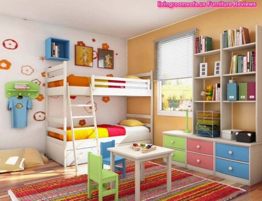 Kids Bedroom Bunk Bed Playroom With Bookcase Desk And Small Bench