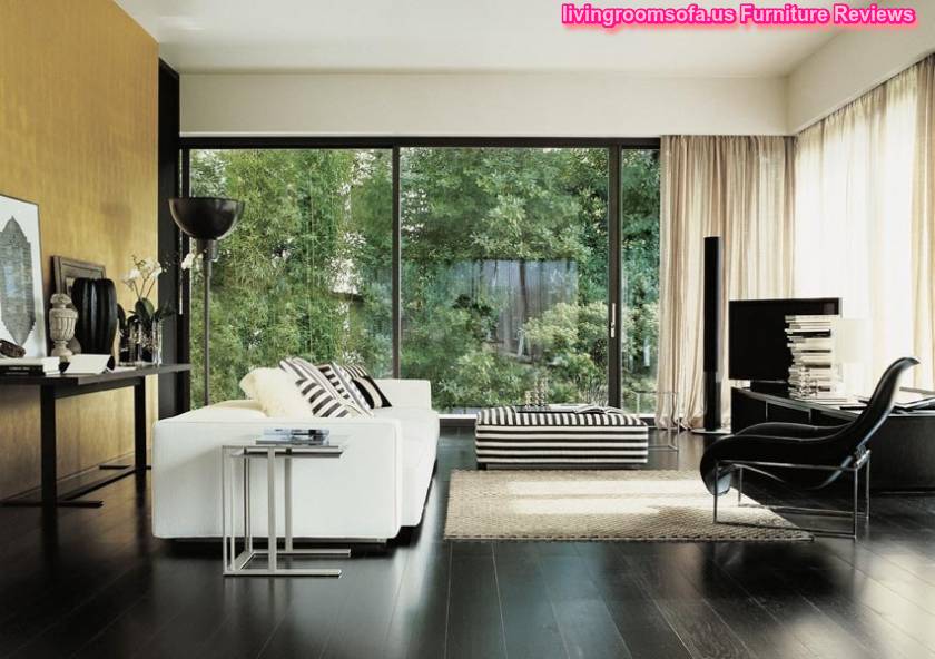 Magnificent Modern Living Room Decoration Inspiration Features Black White Stripe Ottoman Sofa By Italian Recliner Rug And Wood Floor