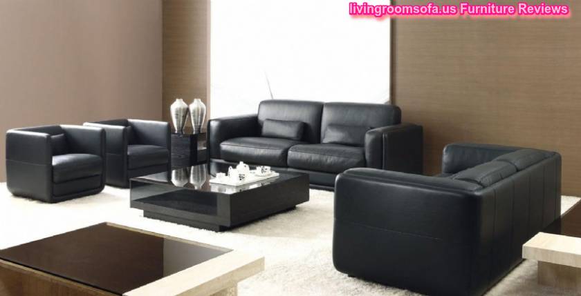  Modern Black Leather Sofa Set For Living Room With Black Coffe Table