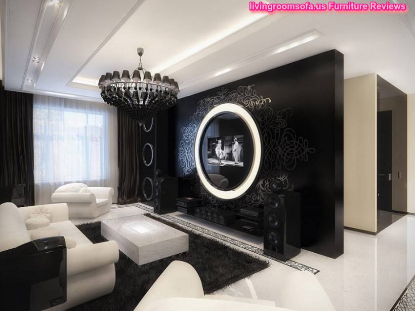 Sharp White Sofa In Black Living Room Decoration