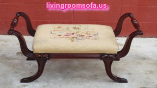 Amazing Bench Antique Wooden Fabric Carved