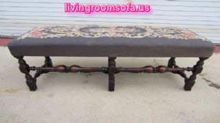 Antique Bench Carved Wooden Fabric Patterned