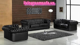  Black Chesterfield Leather Sofa Set Living Room Design