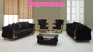 Black Luxury Sofa Sets Leaf Wooden Black Velvet Fabric