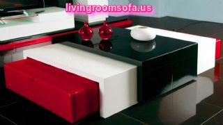 Wood Coffee Table Balck And White And Red Couple Ottomans
