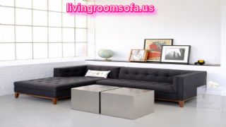  Black Fabric Apartment Sectional Sofa L Shaped With Tufted Chaise