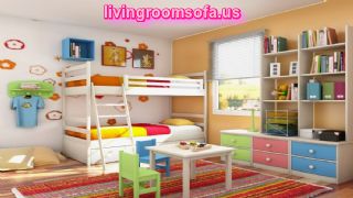  Kids Bedroom Bunk Bed Playroom With Bookcase Desk And Small Bench