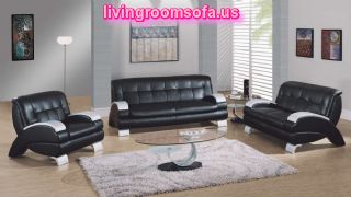 Lovely Deluxe Black Leather Living Room Idea Furniture Set