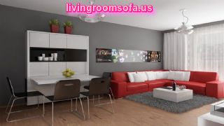 Lovely Red Sectional Sofa With Modern Grey And White Interior Design Plus Spiral Pendant Lamps Idea