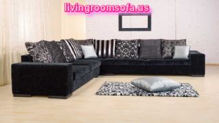 Modern Corner Sofa Black Fabric Black And White Pillows