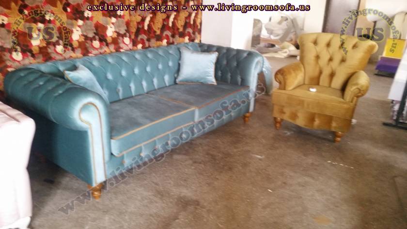 Cadet Blue Chesterfield Sofa And Orange Bergere