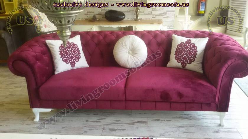 Purple Fabric White Pillows Exclusive Chesterfield Couch
