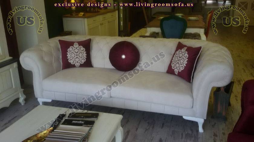 White Fabric Purple Pillows Exclusive Chesterfield Couch