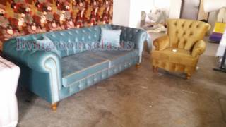 Cadet Blue Chesterfield Sofa And Orange Bergere