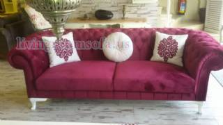 Purple Fabric White Pillows Exclusive Chesterfield Couch