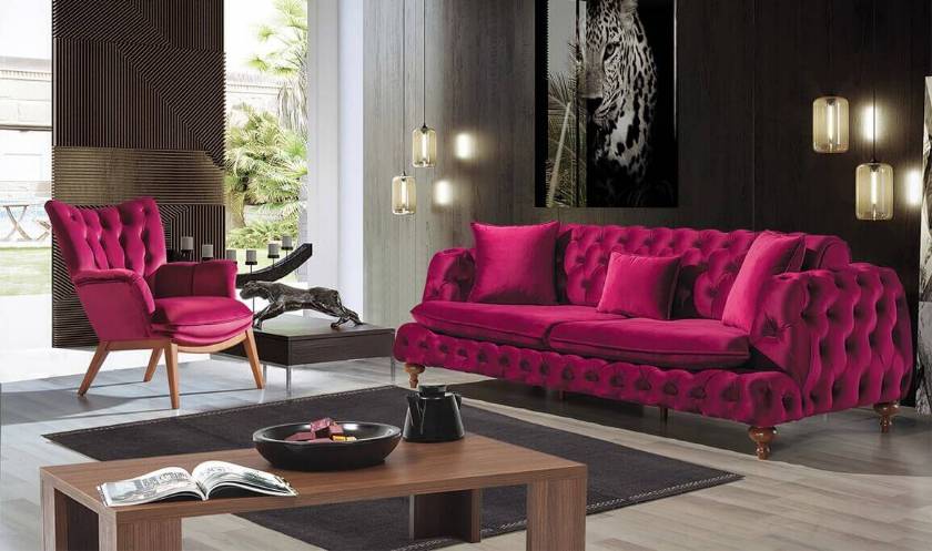 Alexandria Luxury red velvet chesterfield sofa with armchair
