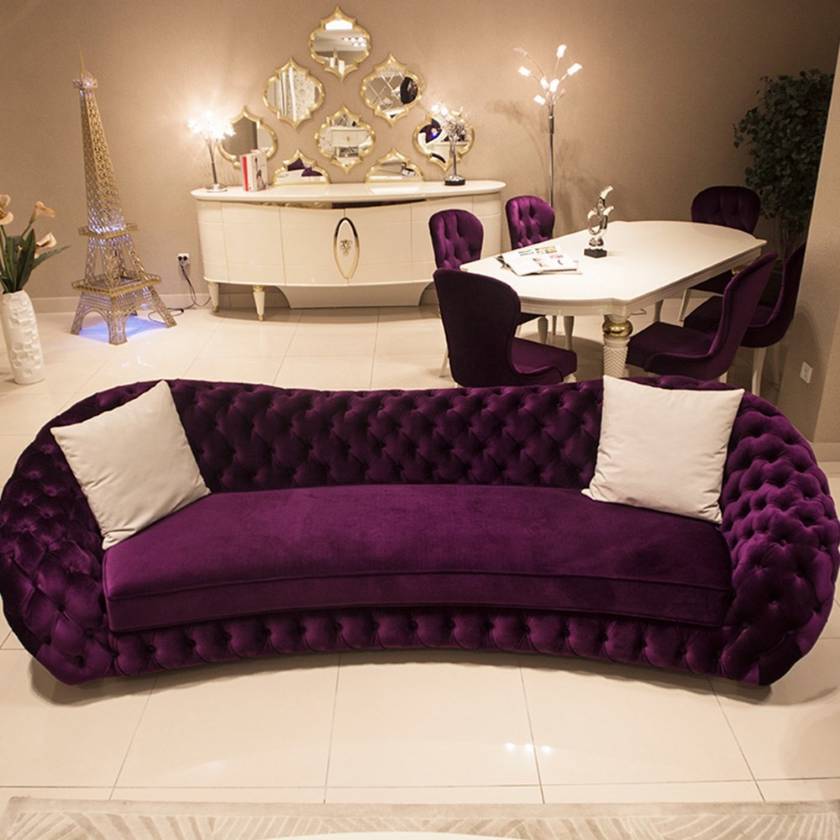 Amazing Living Room Purple Chesterfield Couch white dining furniture and purple chairs