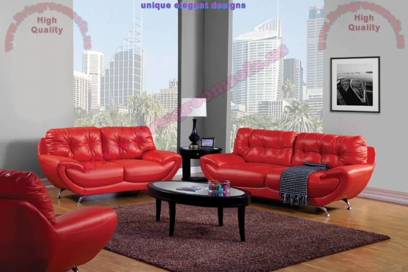 Apartment size living room design red leather sofas