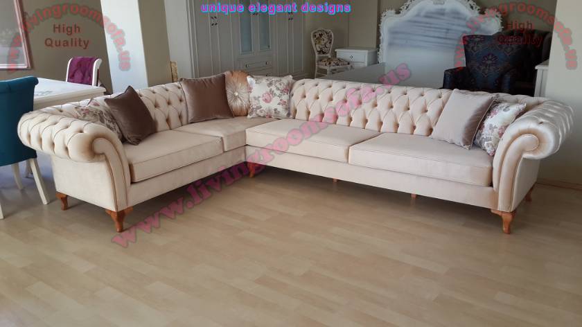 Beige velvet chesterfield corner sofa design