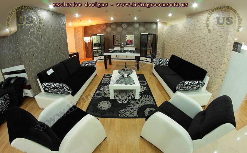 black fabric white leather modern living room sofa set