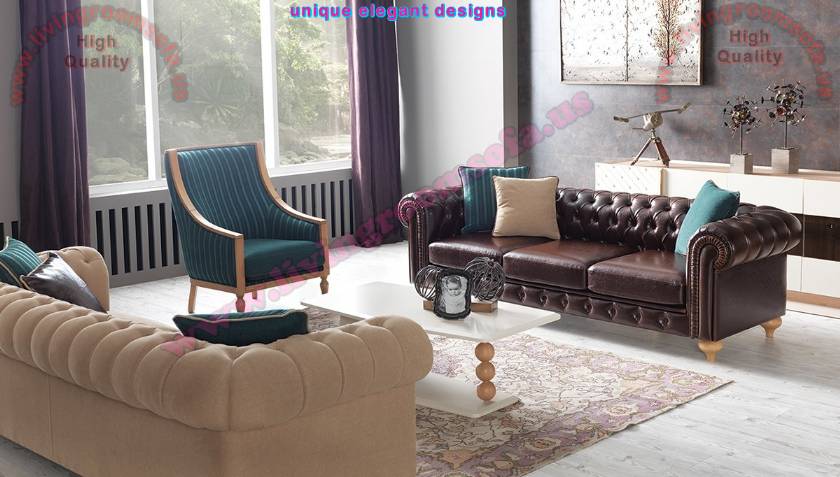 Boutique Leather and Fabric Chesterfield Sofa Set Mixing modern and traditional