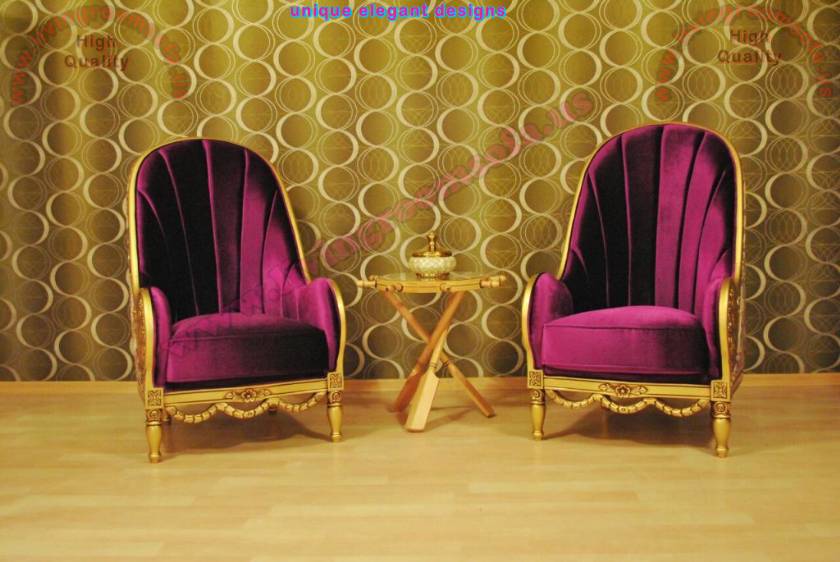 Couple Chairs Purple velvet fabric carved gold leaf elegant chair design Couple Chairs Purple velvet fabric carved gold leaf elegant chair design