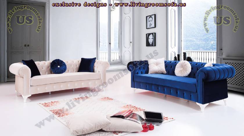 couple white and blue chesterfield sofa set