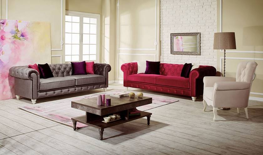Fort Lauderdale velvet chesterfield sofa set gray red and white