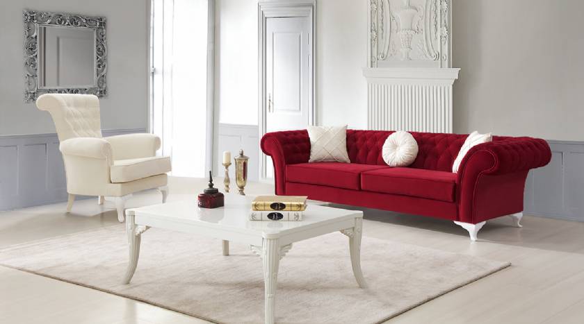 Glamour Luxury Red velvet chesterfield sofa with white velvet armchair