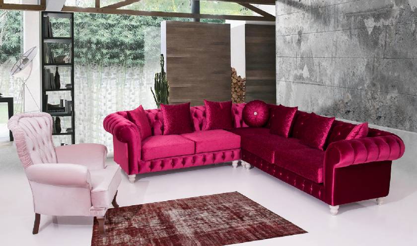 Glossy Red Velvet Chesterfield corner sofa luxury living room corner sofa