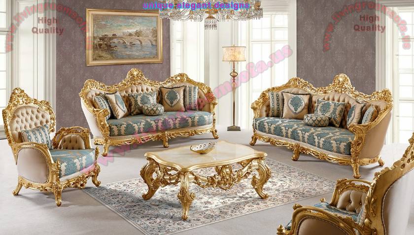 Gold Leaf Carved Classical Sofa Set Luxury Living Room