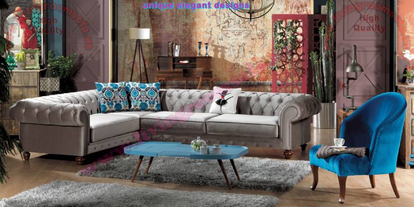 Gray Velvet L Shaped Chesterfield Design Modern Luxury interiors