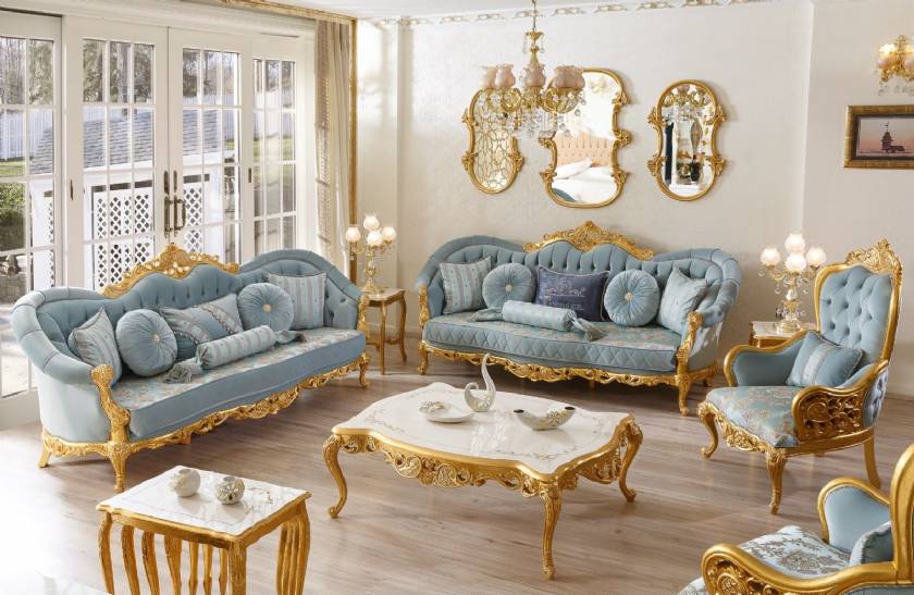 Klassisches Sofagarnitur aus Blattgold Luxus Wohnzimmer Sofa Designs Klassisches Sofagarnitur aus Blattgold Luxus Wohnzimmer Sofa Designs