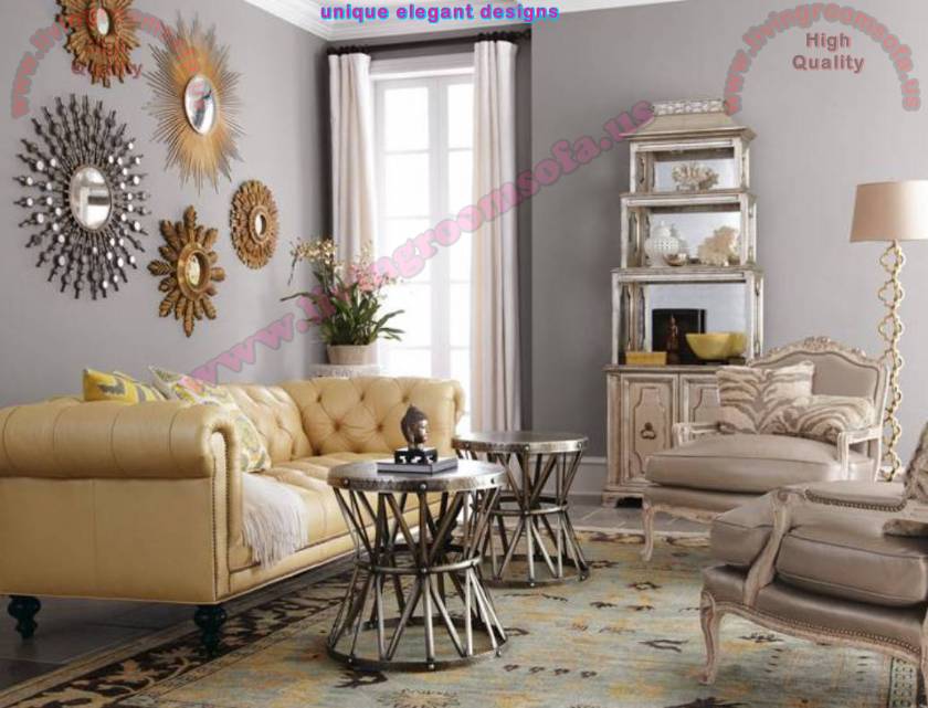 Leather chesterfield couch mirrors tables great small living room design Leather chesterfield couch mirrors tables great small living room design