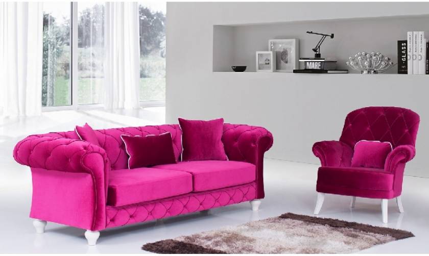 Light Red velvet chesterfield sofa with armchair