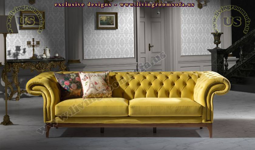 lux chesterfield sofa yellow fabric luxury living room