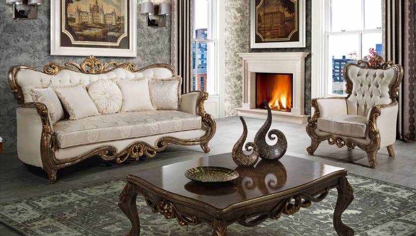 Luxurious Traditional LivingRoom Furniture Sofa Set Exposed Wood Platinum Finish