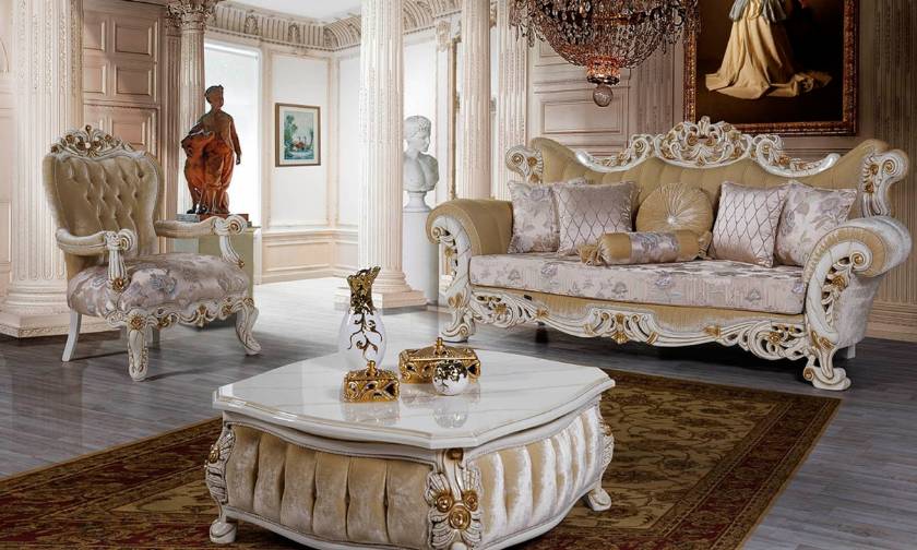 Luxurious Traditional LivingRoom Furniture Sofa Set Exposed Wood Platinum Finish