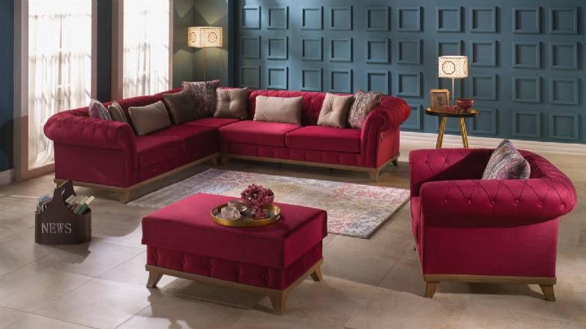 Luxury Chesterfield Corner Sofa Set Red Velvet Luxury Chesterfield Corner Sofa Set Red Velvet